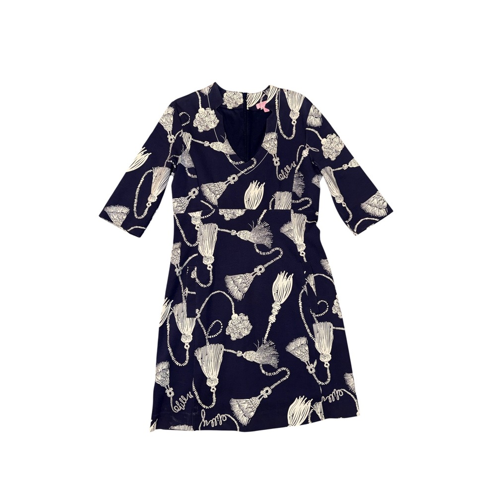 Lilly Pulitzer Shift Dress Womens M Navy Blue Tassel Print V-Neck 3/4 Sleeve